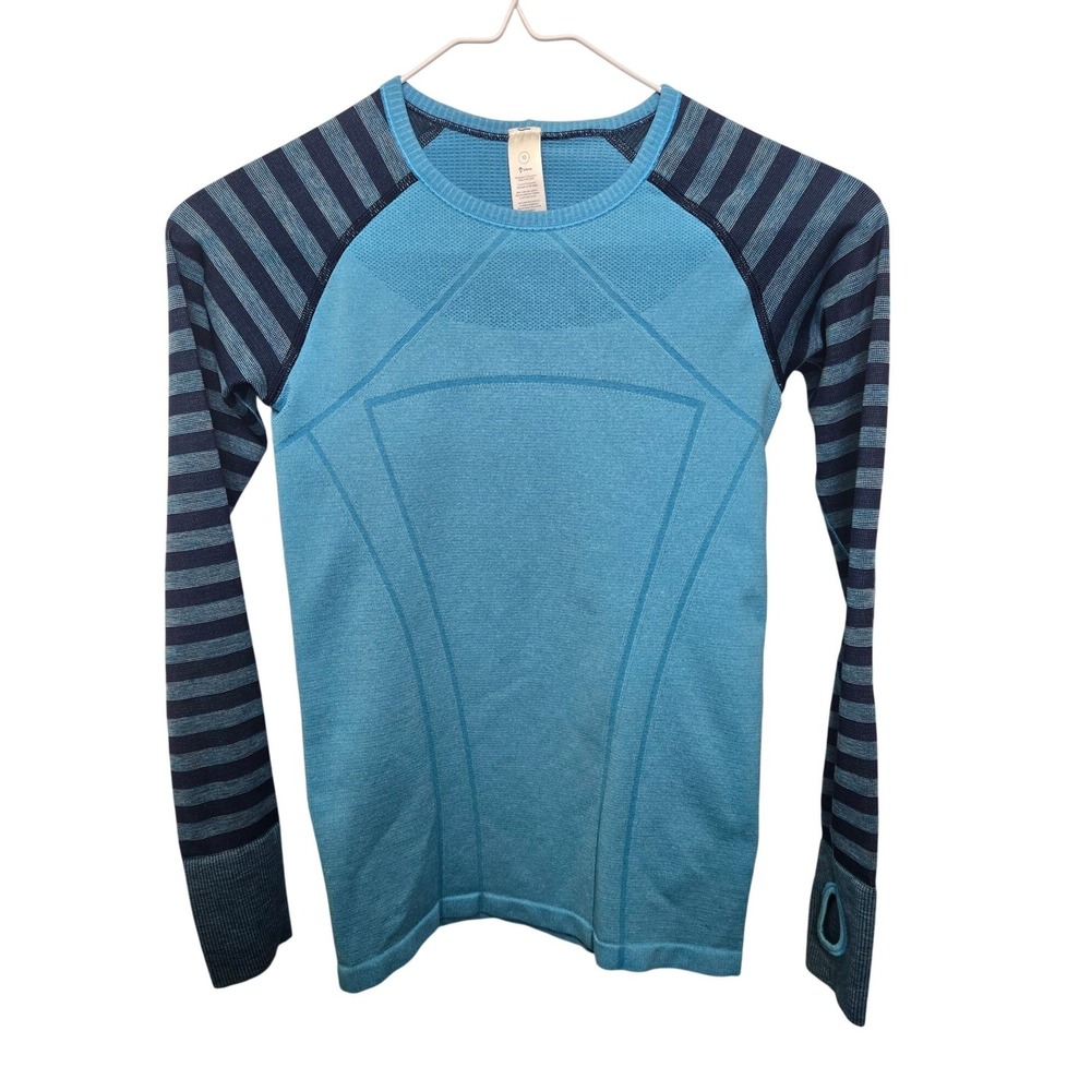 Ivivva Long Sleeve Shirt Girls 10 Blue Striped Seamless Thumbhole